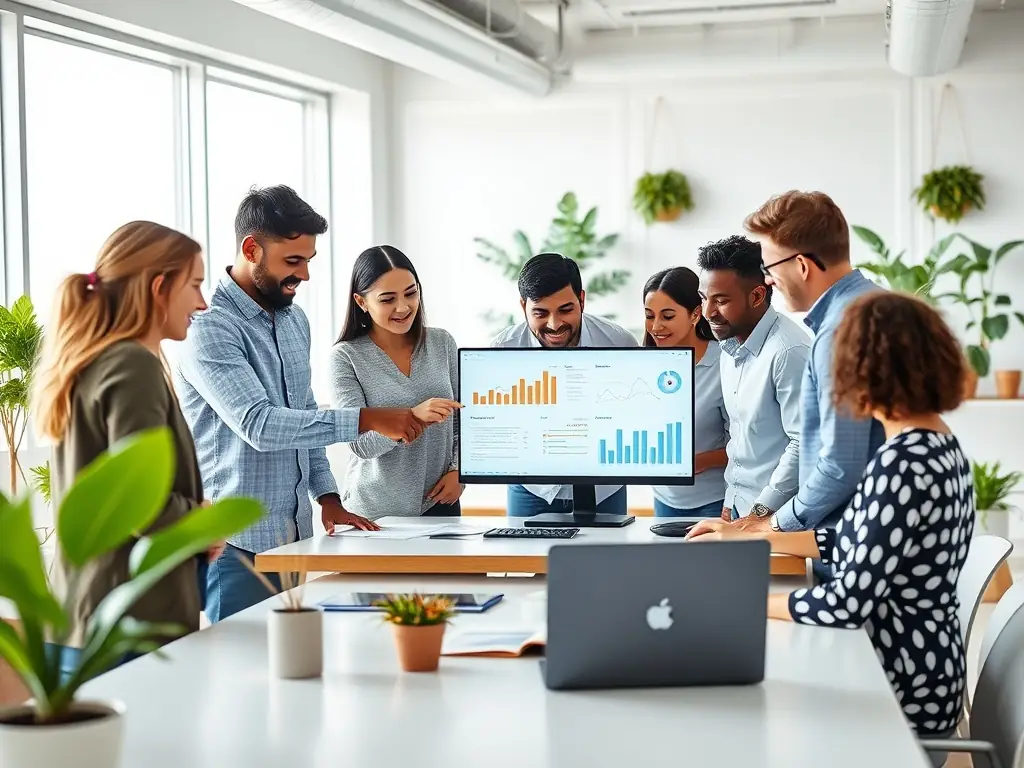 A digital marketing team analyzing SEO data on multiple screens in a modern workspace.