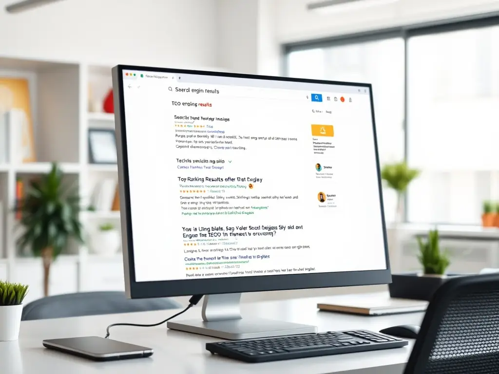 Search engine results page with highlighted SEO rankings.